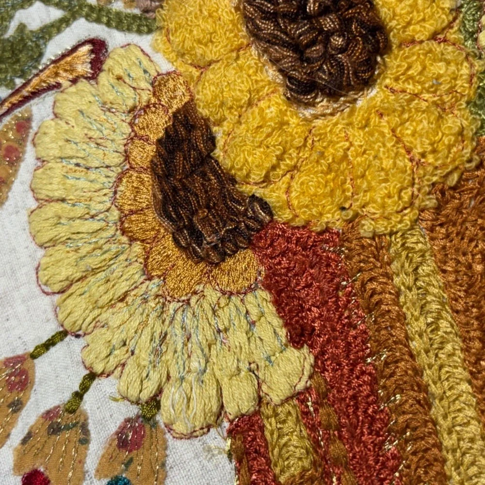 Pier 1 Pillow Cover Cream Orange Embroidered Sunflower Fall Harvest Floral Bird